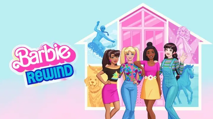 Barbie Rewind logo plus Barbie with friends