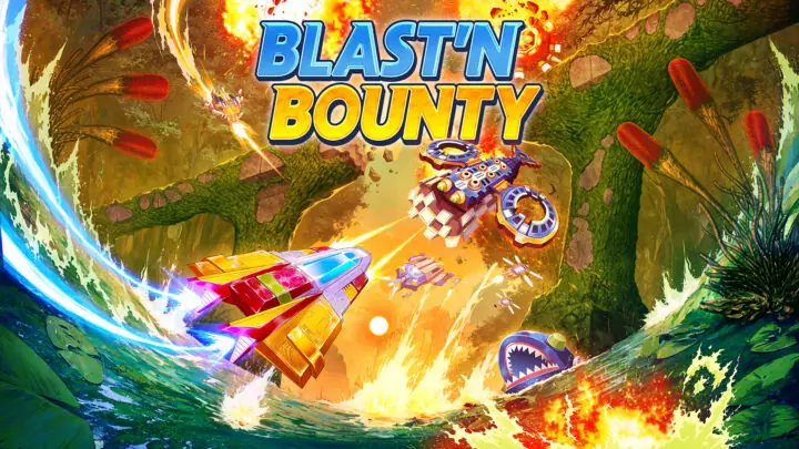 Blast'N Bounty logo, and ship and gunfire