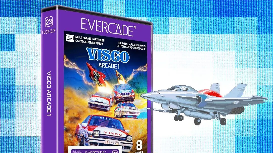 Evercade Visco Arcade 1 cartridge, with plane flyingnear it