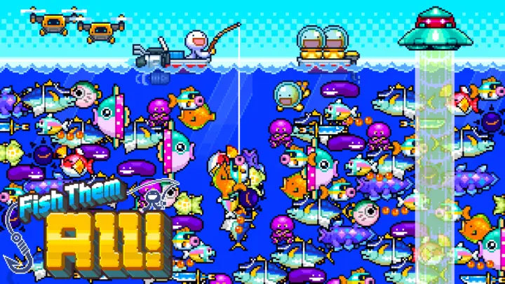 Fish Them All! pixel art fish in the sea, with boatand UFO