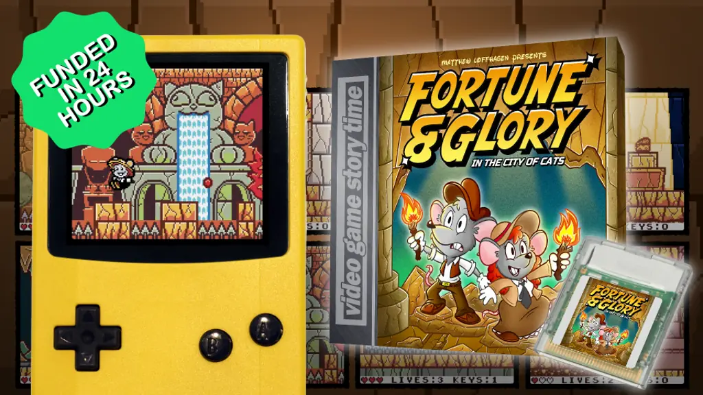 Game Boy Color playing Fortune & Glory, and Fortune & Blory box and cart