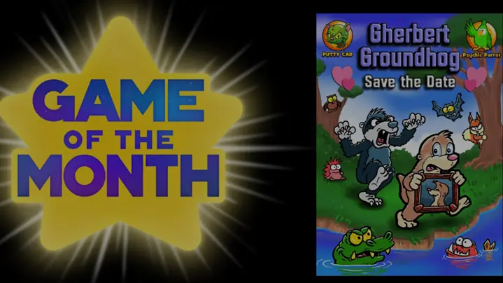 Gherbert Groundhog in Save the Date packshot and Evercade Game of the Month logo