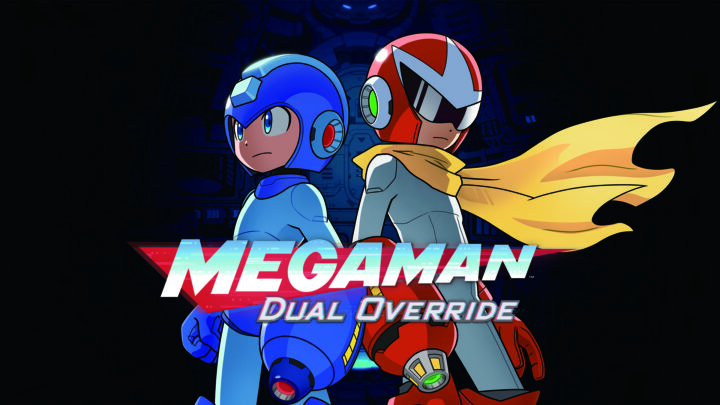 Mega Man Dual Override logo with Mega Man and Proto Man