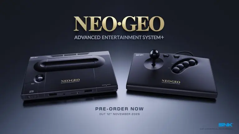 NEO GEO AES+ logo, cosole, and joystick