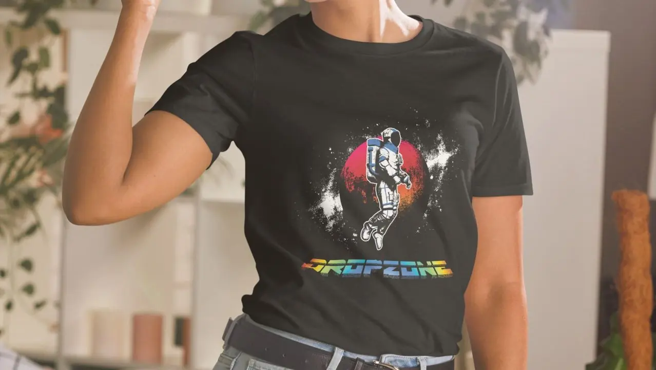 woman wearing Rebellion Retro Dropzone t-shirt