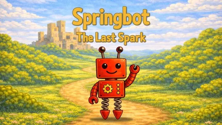 Sprinbot: the Last Spark art featuring Springbot waving and smiling in the countryside