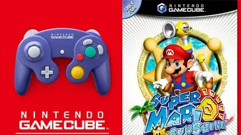 Super Mario Sunshine box art and GameCube controller