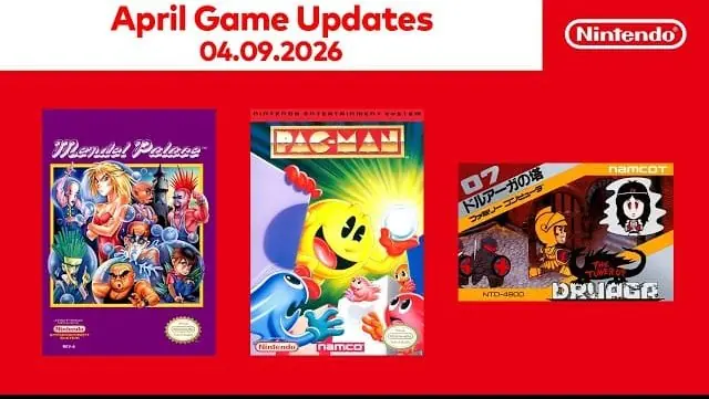 Nintendo Switch Online April 2026: NEES Pac-Man, Mendel Palace and Tower of Druaga box art