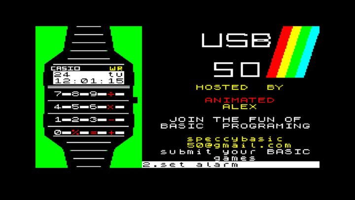 USB 50 logo with ZX Spectrum rendering of a calculator watch