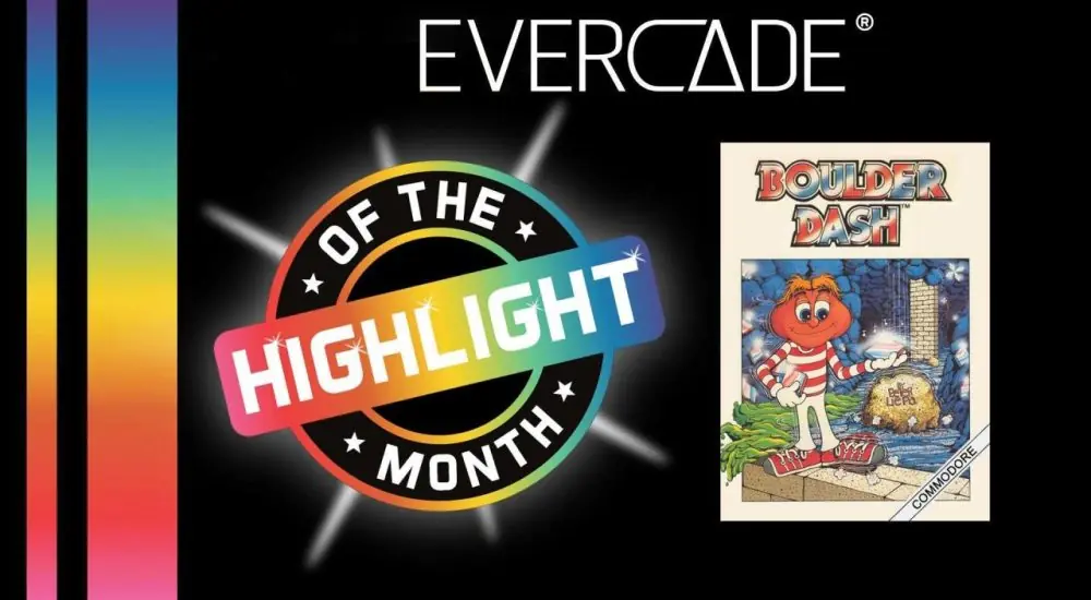 Boulder Dash packshot and Evercade Highlight of the Month logo