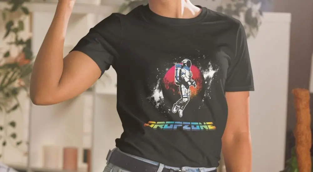 woman wearing Rebellion Retro Dropzone t-shirt